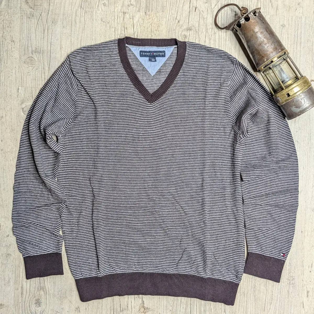 Pull Tommy Hilfiger Col V - Rayé Marron & Gris - Taille L